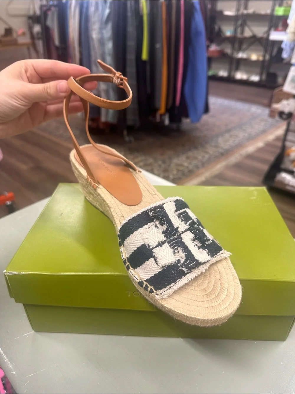 Tory Burch Ines platform wedge espadrille sandals striped navy size 10.5
